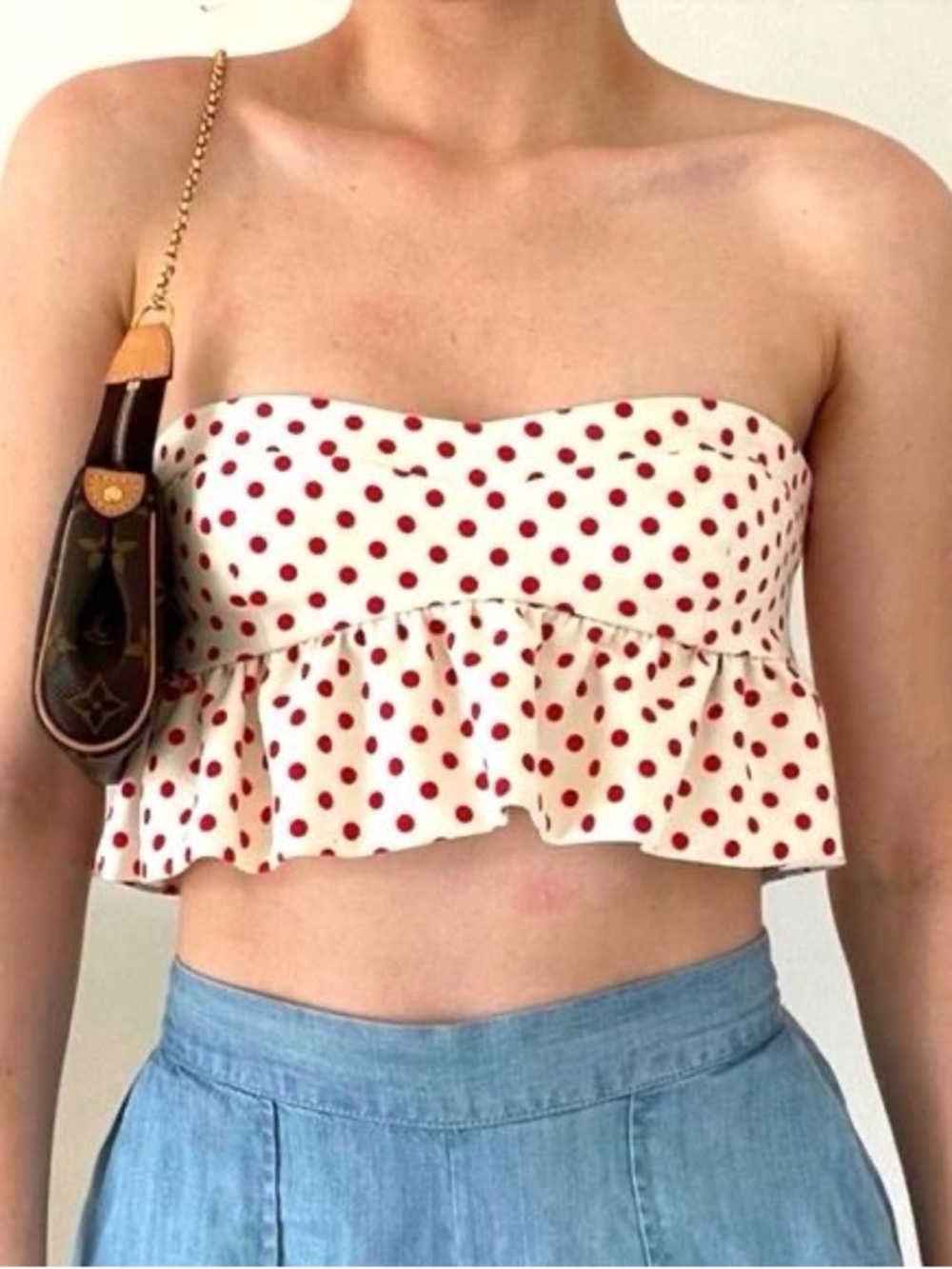 NWT Zara Red Polka Dot Strapless Peplum Crop Top Size S - Game day Style - Picture 2 of 8